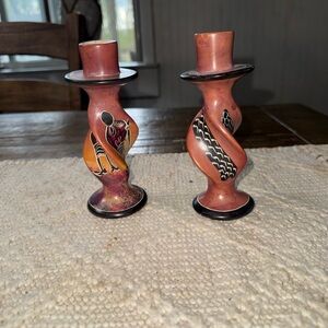 Vintage Hand Carved African Hand-Painted Copper-Tone Twisted Candlestick Pair